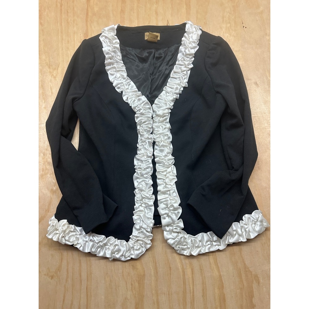 Midnight Velvet Womens Black Blazer White Ruffle Trim Hook Eye Closure Size 12